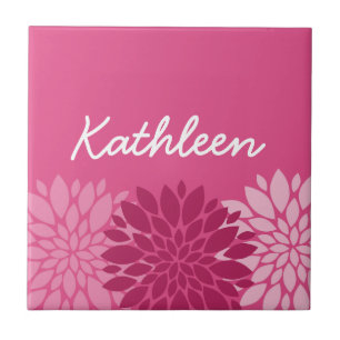 Pretty Pink Floral Trio with Name Ceramic Tile