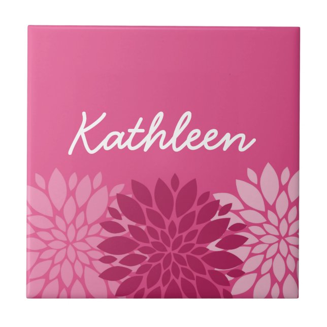 Pretty Pink Floral Trio with Name Ceramic Tile (Front)