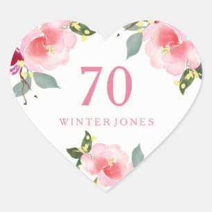 Pretty Pink Floral Watercolor 70th Birthday Party Heart Sticker