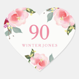 Pretty Pink Floral Watercolor 90th Birthday Party Heart Sticker