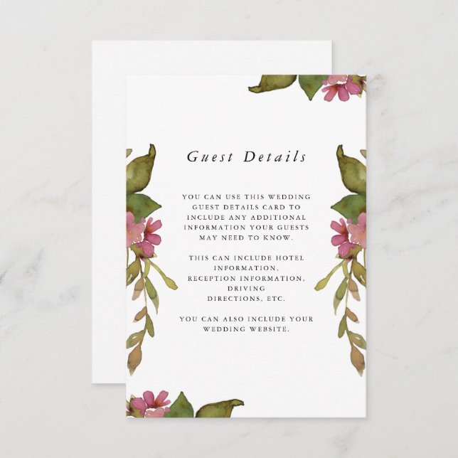 Pretty Pink Floral Wedding Guest Detail Enclosure Card (Front/Back)