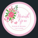 Pretty Pink Floral Wedding Thank You Classic Round Sticker<br><div class="desc">Custom thank you stickers perfect for any occasion.</div>