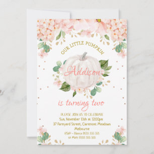 Pretty Pink Floral White Pumpkin Birthday Invitation