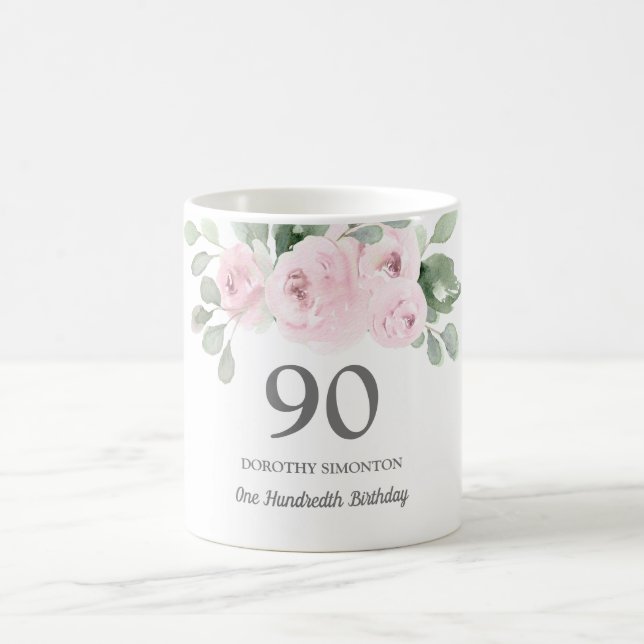 Pretty Pink Floral Womans 90th Birthday Gift Coffee Mug (Center)