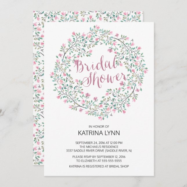Pretty Pink Floral Wreath Bridal Shower Invitation (Front/Back)