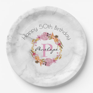 Pretty Pink Floral Wreath Monogram Birthday Paper Plate