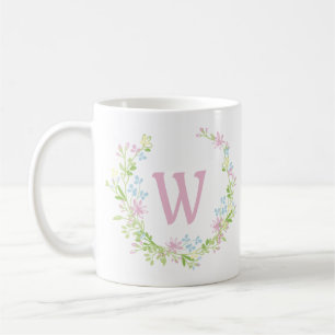 Pretty Pink Floral Wreath Monogram Coffee Mug