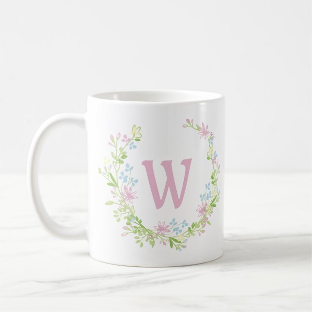 Pretty Pink Floral Wreath Monogram Coffee Mug (Left)