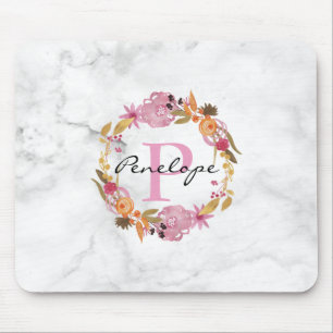 Pretty Pink Floral Wreath Monogram Mouse Pad