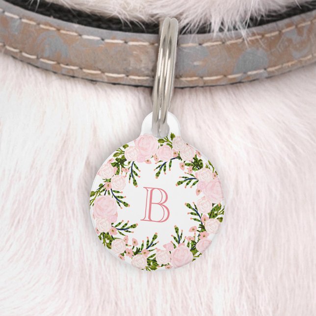 Pretty Pink Floral Wreath Monogram Pet Tag (Creator Uploaded)