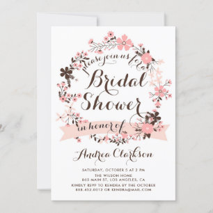 Pretty Pink Floral Wreath Spring Bridal Shower Invitation