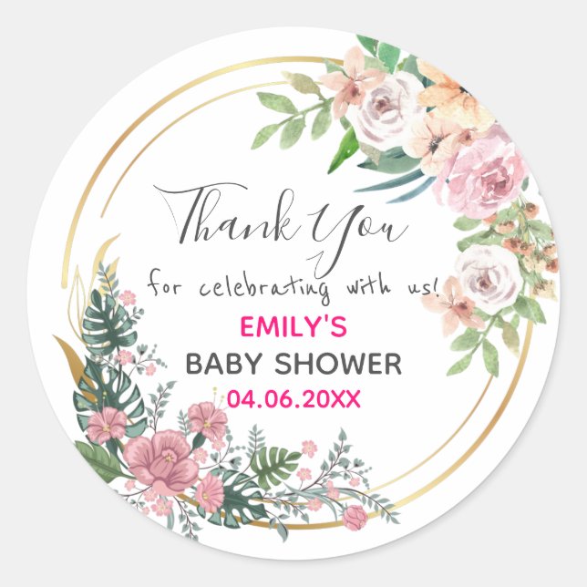 Pretty Pink Floral Wreath Thank You Baby Shower Classic Round Sticker (Front)