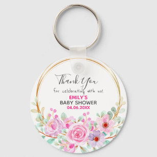 Pretty Pink Floral Wreath Thank You Baby Shower Key Ring