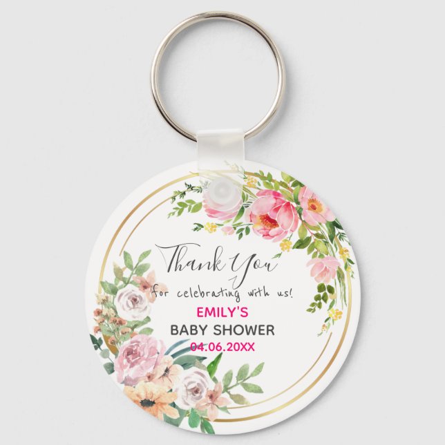 Pretty Pink Floral Wreath Thank You Baby Shower Key Ring (Front)