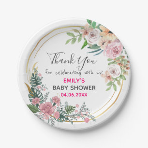 Pretty Pink Floral Wreath Thank You Baby Shower Paper Plate