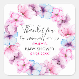 Pretty Pink Floral Wreath Thank You Baby Shower Square Sticker