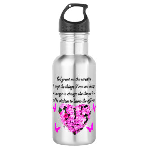 PRETTY PINK FLOWER AND BUTTERFLY SERENITY PRAYER 532 ML WATER BOTTLE
