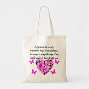 PRETTY PINK FLOWER AND BUTTERFLY SERENITY PRAYER TOTE BAG