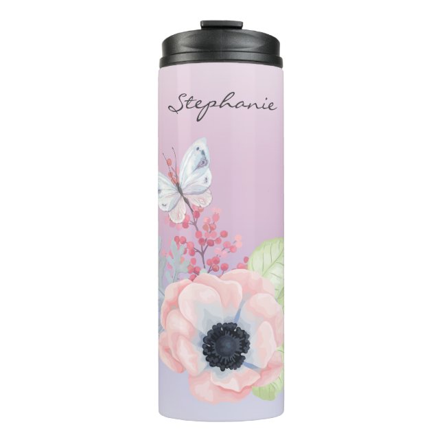 Pretty Pink Flower and Butterfly Thermal Tumbler (Front)