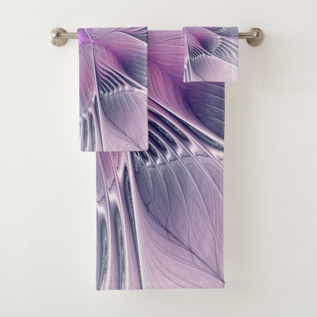 Pretty Pink Flower Modern Abstract Fractal Art Bath Towel Set (Insitu)