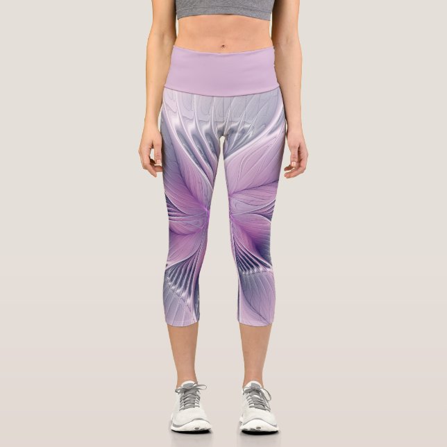 Pretty Pink Flower Modern Abstract Fractal Art Capri Leggings (Front)