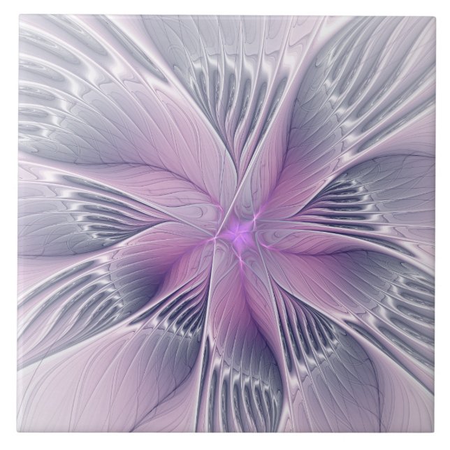 Pretty Pink Flower Modern Abstract Fractal Art Ceramic Tile (Front)