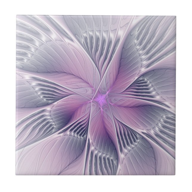 Pretty Pink Flower Modern Abstract Fractal Art Ceramic Tile (Front)