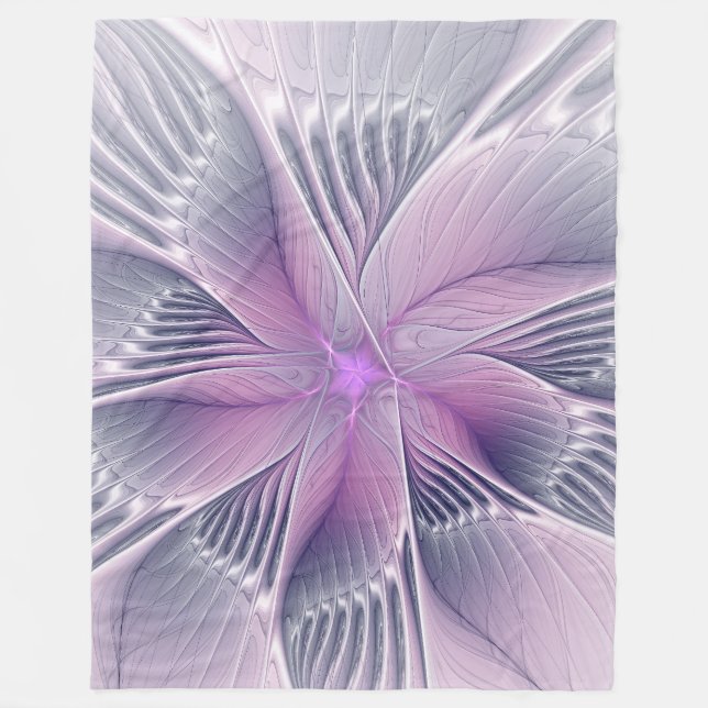 Pretty Pink Flower Modern Abstract Fractal Art Fleece Blanket (Front)