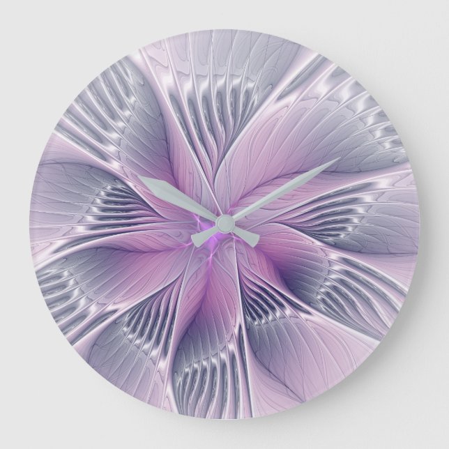 Pretty Pink Flower Modern Abstract Fractal Art Large Clock (Front)