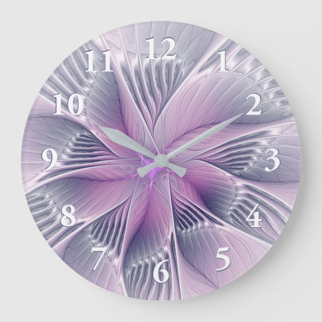 Pretty Pink Flower Modern Abstract Fractal Art Large Clock (Front)