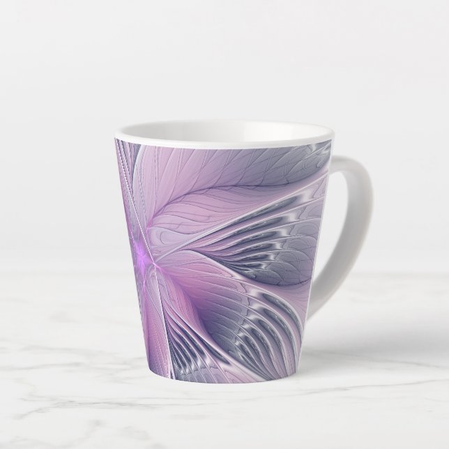 Pretty Pink Flower Modern Abstract Fractal Art Latte Mug (Right Angle)