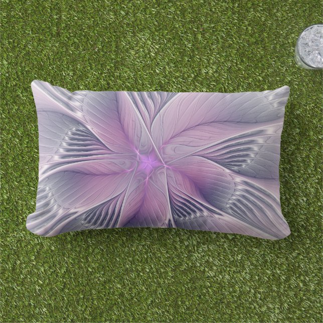 Pretty Pink Flower Modern Abstract Fractal Art Lumbar Cushion (Grass)