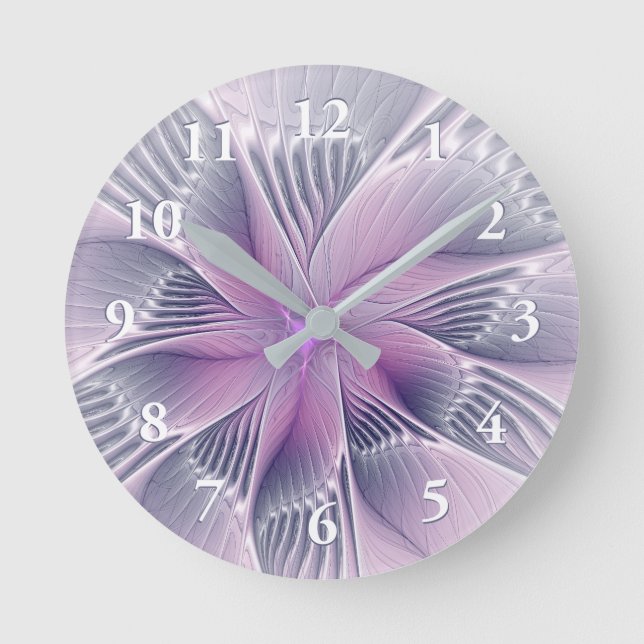 Pretty Pink Flower Modern Abstract Fractal Art Round Clock (Front)