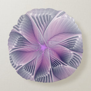 Pretty Pink Flower Modern Abstract Fractal Art Round Cushion