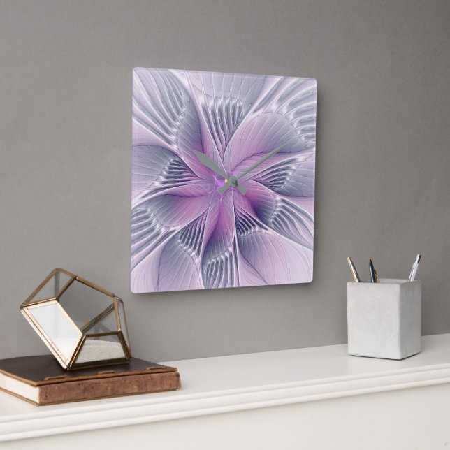 Pretty Pink Flower Modern Abstract Fractal Art Square Wall Clock (Office)