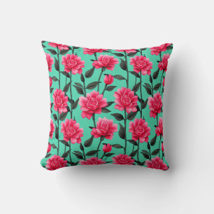 Pretty Pink Flower Pattern With Stems and Leaves Cushion