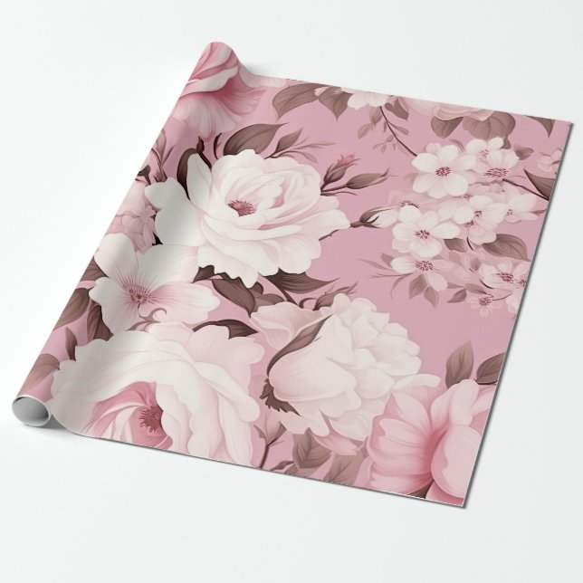 Pretty Pink Flower Pattern Wrapping Paper (Unrolled)