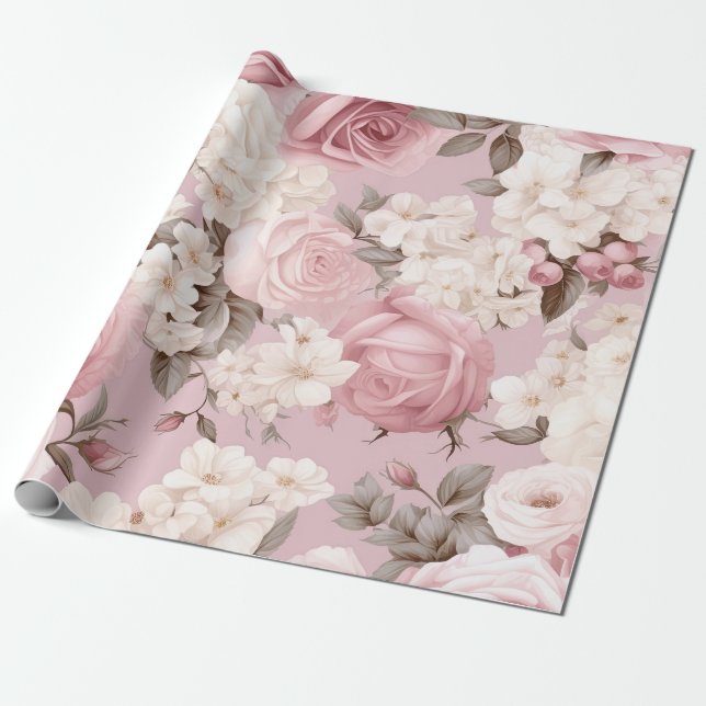 Pretty Pink Flower Pattern Wrapping Paper (Unrolled)
