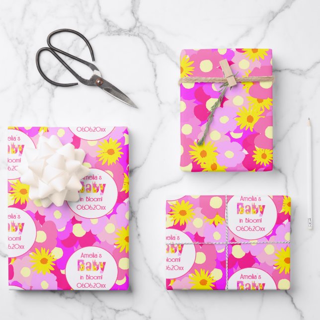 Pretty Pink Flower Personalised Baby Shower Wrapping Paper Sheet (Front)