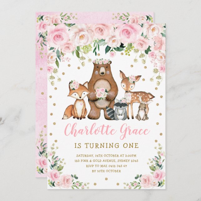 Pretty Pink Flower Woodland Animals Girl Birthday Invitation (Front/Back)