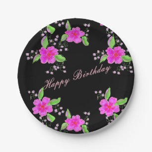 Pretty Pink Flowered Black Birthday Plates