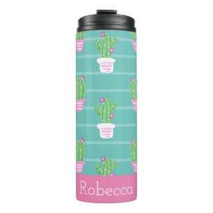 Pretty Pink Flowering Cactus & Stripes   Monogram Thermal Tumbler