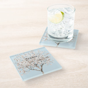 Pretty Pink Flowering Tree Glass Coaster