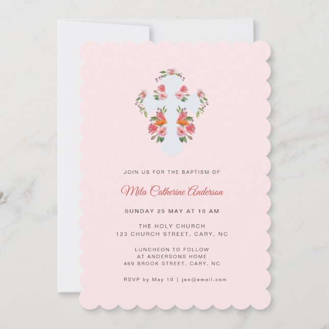 Pretty Pink Flowers and Cross Baptism Invitation (Front)