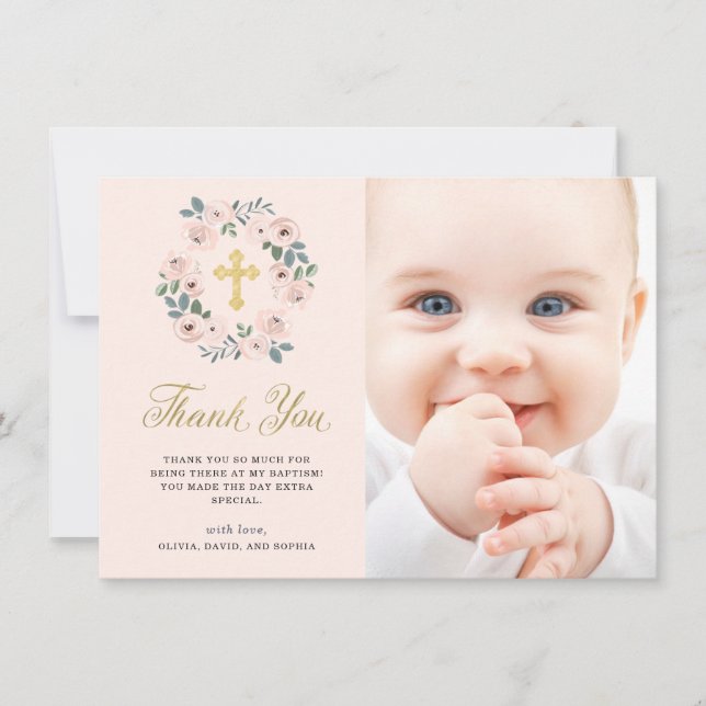 Pretty Pink Flowers and Gold Cross | Baptism Photo Thank You Card (Front)
