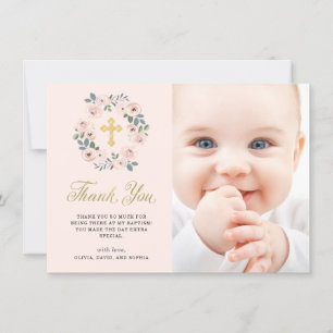 Pretty Pink Flowers and Gold Cross   Baptism Photo Thank You Card