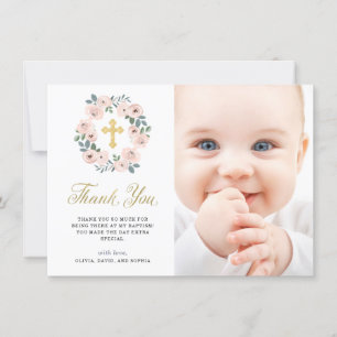 Pretty Pink Flowers and Gold Cross Baptism Photo Thank You Card