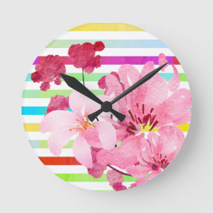 Pretty Pink Flowers And Stripes Round Clock