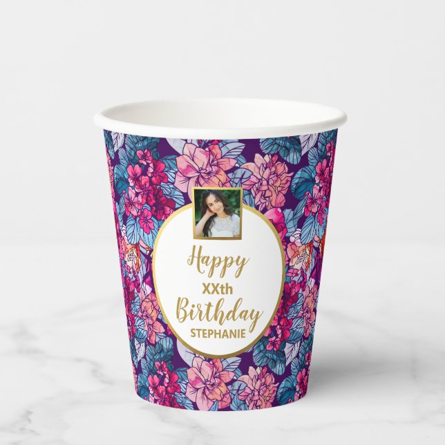 Pretty Pink Flowers, Any Age Custom Photo Birthday Paper Cups (Front)