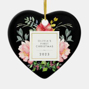 Pretty Pink Flowers Babys First Christmas on Black Ceramic Tree Decoration